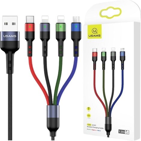 Usams Geflochtenes Kabel U26 4in1 0,35 m 2A Schnellladefunktion (2x Lightning/Micro-USB/USB-C) SJ411USB01 (US-SJ411) (1/3)