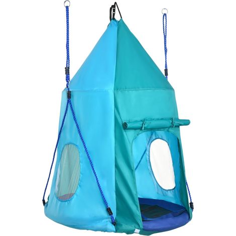 Nestschaukel Mit Zelt, Ø100 Cm Gartenschaukel, Kinderschaukel Mit Fenster Und Längenverstellbaren Seilen, Wasserdicht Bis 150 Kg Blaugrün