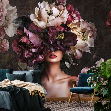 Vlies Fototapete Frau Pfingstrosen 150x105 cm, Tapeten, für Wohn und Schlafzimmer, Vliestapete Wandtapete Tapete 3D Effekt- inkl. Kleister - Rosen Blumen Glamour, WallArena (1/4)