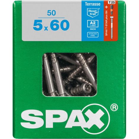 SPAX Terrassenschraube, 5 x 60 mm, 50 Stück, Fixiergewinde, Zylinderkopf, T-STAR plus T25, CUT-Spitze - 4507000500607 (1/3)