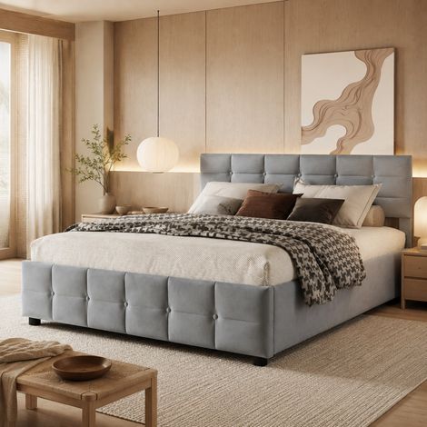 CHICFURN Letto contenitore 180x200 cm grigio in velluto con rete a doghe e sollevamento idraulico (1/5)