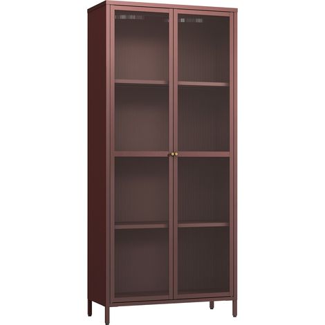 Armoire étagère meuble de rangement vitrée acier verre 180 x 80 x 35 cm rouge bordeaux (1/5)