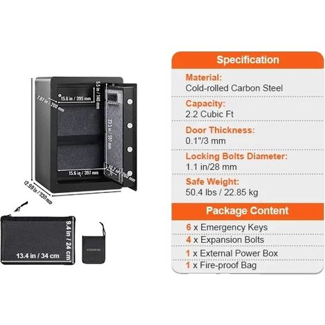 Coffre-fort de sécurité, Accès par empreinte digitale, Protection résistant au feu, 2.2 Pieds Cubes (1/2)