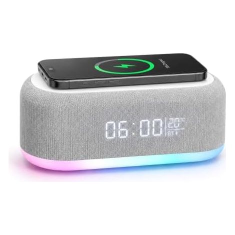 Radio-réveil numérique avec station de charge sans fil, station de charge sans fil 6 en 1, avec haut-parleur Bluetooth, éclairage Atmo à 9 niveaux, réveil 15 W avec station de charge, réveil numérique (1/5)