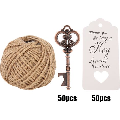 Schlüsselförmiger Flaschenöffner mit Anhängerkarte und Schnur – Gastgeschenk für Hochzeiten oder Partys (Packung mit 50 Karten und Schnur) (1/5)