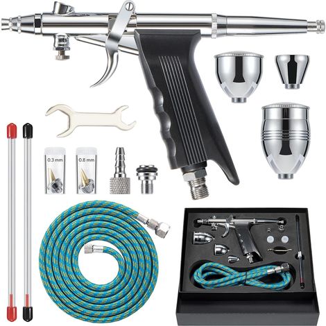 Kit de peinture aérographe, pistolet aérographe double action avec aiguilles de 0,3 mm/0,5 mm/0,8 mm, gobelet de peinture 2cc/5cc/13 cc, ensemble d'outils de pulvérisation aérographe pour la peinture (1/5)