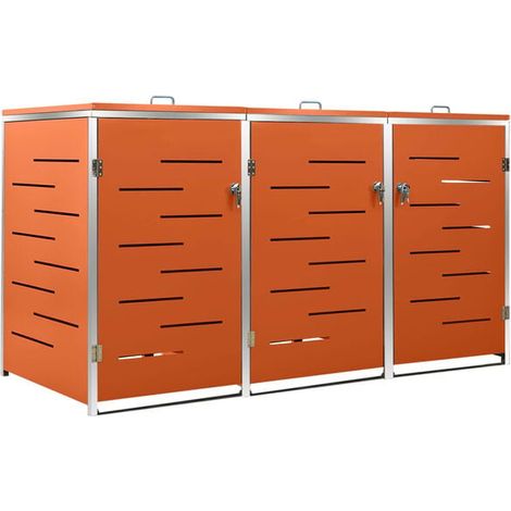 Un abri pouvant accueillir trois poubelles, mesurant 207 x 77,5 x 112,5 cm, en acier inoxydable. (1/5)