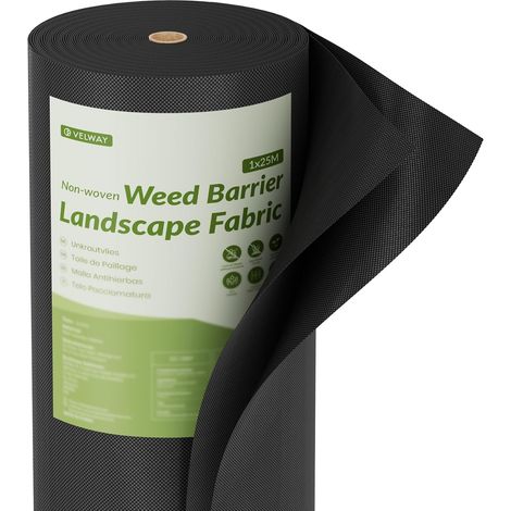 Velway Toile de Paillage Non-Tissé 1x25m 50g/m2 - Géotextile Anti-Mauvaises Herbes Léger Perméable - Noir (1/5)