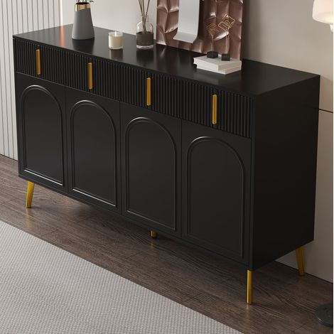 Buffet 140x38x82 cm noir en MDF avec 4 portes, 4 tiroirs et étagères amovibles (1/5)