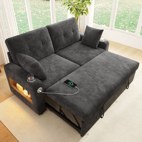 Canapé droit convertible 2 places 141,5x131x83,5 cm en chenille avec LED, USB Type-C, porte-gobelets et rangement - Gris (1/5)