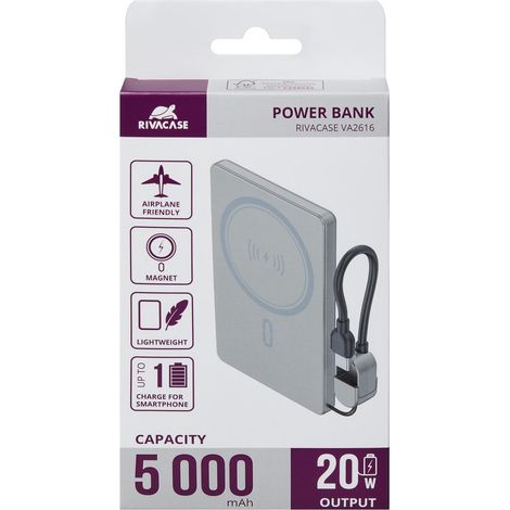 Rivacase VA2616 Power Bank 5000 mAh MagSafe Wireless 15W QC/PD 20W con Anello per Cavo