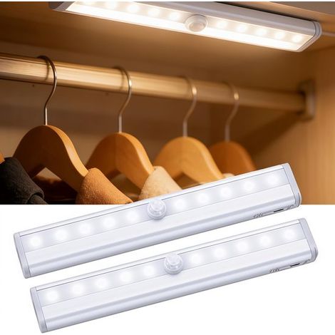 Paquete de 2 luces blancas con sensor de movimiento de 10 LED para armario (19x3x1,5 cm), luces nocturnas adhesivas a pilas para escaleras. (1/5)