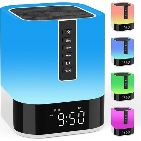 Enceinte Bluetooth Portable Réveil Lumineux, Lampe de Chevet Tactile avec Lecteur de Musique MP3, Machine à Bruit Blanc &Minuterie,Haut-parleur Bluetooth Veilleuse Enfant,Cadeau Ado Fille Anni (1/5)