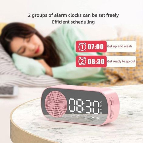 Réveil - Enceinte Bluetooth - Écran LED Miroir - Radio FM - Affichage Météo - Deux Alarmes - Rose - 1 Pièce (1/5)