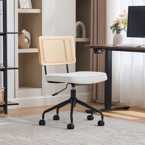 Chaise de bureau vintage en rotin à roulettes - Chaise de bureau pivotante réglable avec assise en tissu chenille et structure en bois pour bureau à domicile, bureau, salon (Ivoire) (1/4)