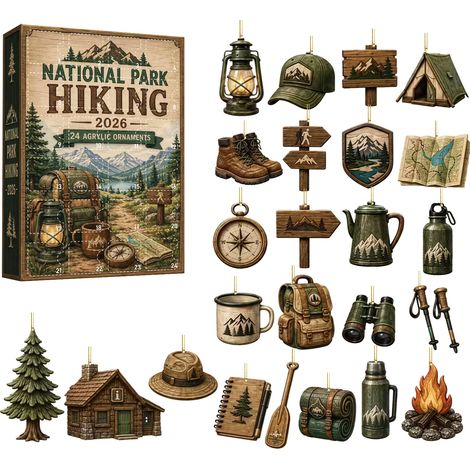 Wander-Adventskalender 2026 – 24 Teile – mehrfarbig – Acryl – Design mit Nationalpark-Wanderausrüstung – Anhänger – Sammelbare Mini-Dekorationen – geeignet für Weihnachtsbaum und Innendekoration (1/5)