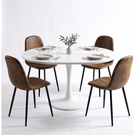 FurnitureR 5-Piece Dining Set, 100-140CM White Extendable Oval Table & 4 Brown Suede Chairs (1/5)