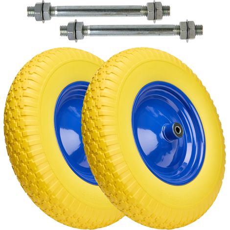 Garronda 2er Pack PU Vollgummirad 4.80/4.00-8 pannensicher wartungsfrei bis 100 kg Schubkarrenrad Ersatzrad Schubkarre mit Achse Stahlfelge Kugellager für Gartenwagen Hof Baustelle GD-0165, Gelb-Blau