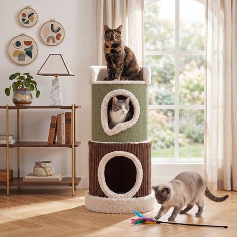 Maison pour chat vert moderne en forme de tonneau avec perchoir, 2 condos et base stable, pour chambre, salon et bureau (1/5)