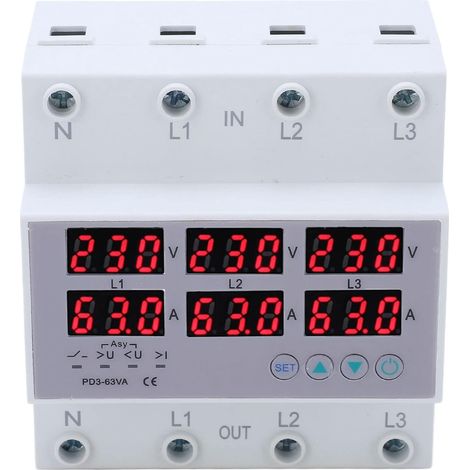 AC 390‑500V(63A) Multitesteur Ampèremètre Voltmètre Rail DIN Triphasé, Protection Automatique contre les Surintensités