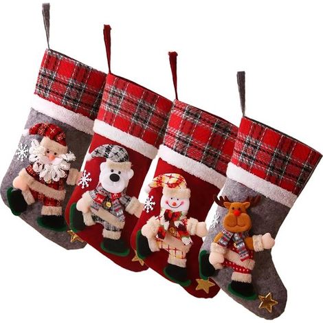 4 piezas,Calcetines navideños,Calcetín navideño rojo a cuadros,Decoración navideña,Decoración del hogar,Decoración de chimenea,4024 cm (1/5)