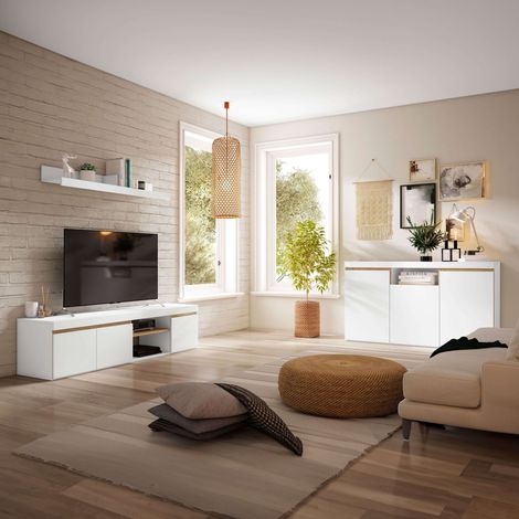 Pack de Muebles de Salón Comedor Elis Estilo Nórdico en Color Blanco y Naturales con Mueble de TV y Aparador (1/5)