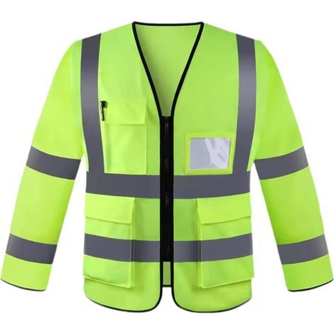 Gilet réfléchissant avec poches et manches longues pour hommes et femmes, gilet haute visibilité pour entrepôts, chantiers de construction circulation, Vert (1/5)