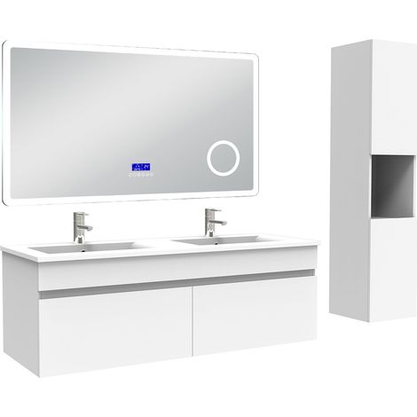 Ocean Ensemble meuble 120 cm blanc, lavabo céramique + colonne haute + Miroir salle de bain Bluetooth avec 3 couleurs dimmable, suspendu (1/5)