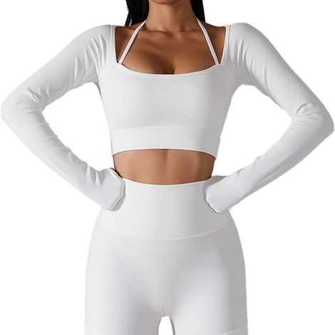 Women's Clothing, Women's Fitness Sleeves, Thumb Holes, Workout Clothes with Chest Pad, Round Neck Yoga Top, Long Halter Neck (1/5)