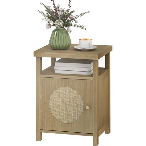 Table de nuit en rotin 40x35x55 cm avec porte, étagère ouverte et compartiment