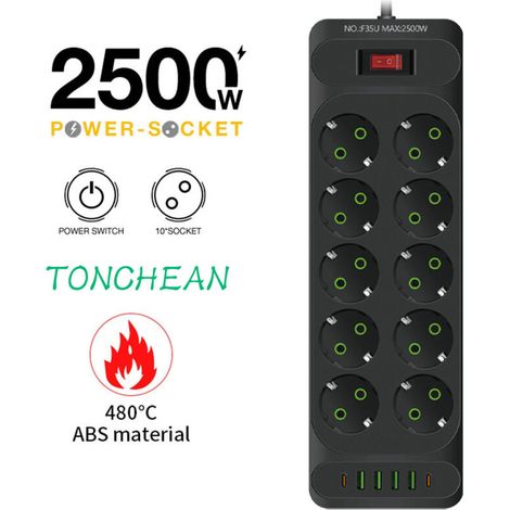 TONCHEAN 10-fach USB-Steckdosenleiste mit 4 USB-Anschlüssen, Reiseladegerät (5 V, 3,1 A), 1 USB-C-Anschluss, 2500 W, 10 A Steckdosenleiste mit 2 m Kabel, für Zuhause und Büro – Schwarz