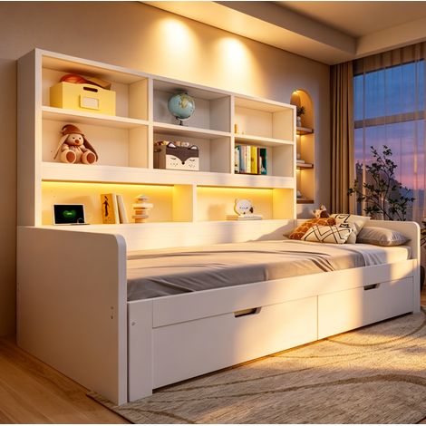 Letto multifunzione 204x204x130 cm, con contenitore, LED e prese, MDF bianco (1/5)