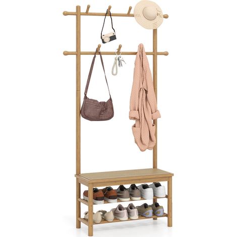 Rangement pratique pour l'entrée, vestiaire avec banc à chaussures, 11 crochets, 2 étagères, style naturel (1/5)