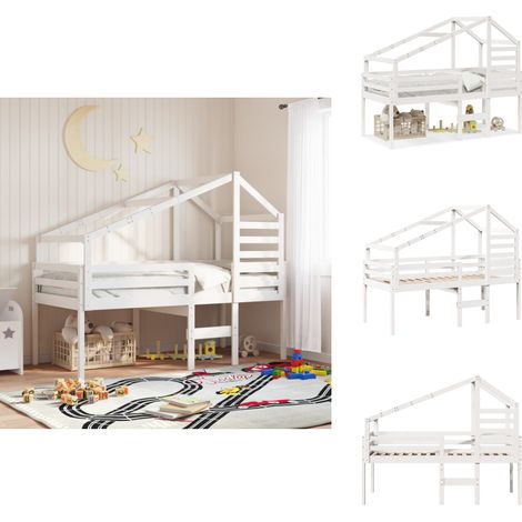 Lit haut sans matelas blanc 90x200 cm bois de pin massif - Lit Enfant - Lit Surélevé - Lit Cabane - Lit Plateforme - Meuble Rangement (1/5)