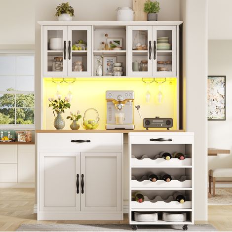 Armoire de cuisine 140x38x180 cm blanche en MDF avec éclairage LED, chariot amovible, rangement à vin et sécurité anti-basculement (1/5)