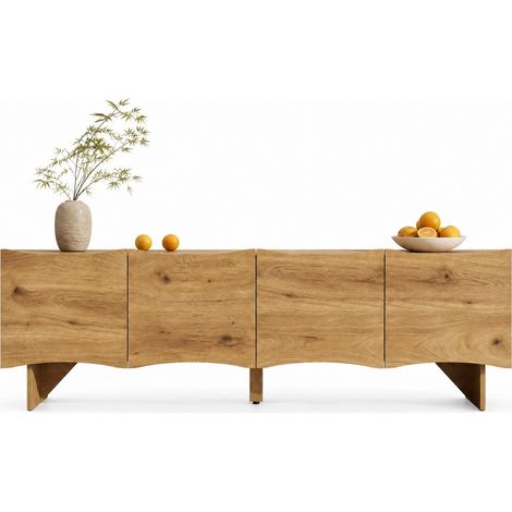 Meuble TV 155 cm avec 4 portes motif ondulé, rangement et passe-câbles, finition bois clair en panneau de particules pour salon moderne  CHICFURN (1/5)