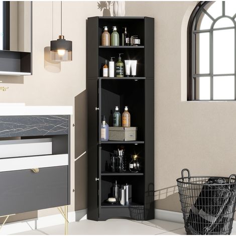 Mobile ad angolo da bagno 36,5x36,5x155 cm in truciolare nero salvaspazio – MEUBLIV (1/5)