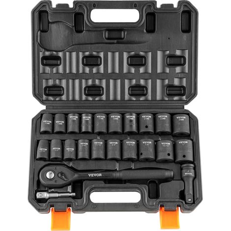 VEVOR Set di Bussole a Percussione da 1/2", 23 Pezzi SAE 7/16"-1" Metrico 13-24mm, Acciaio Legato al Cr-V a 6 Punti per Riparazioni Auto, Marcature delle Dimensioni di Facile Lettura con Valigetta (1/5)