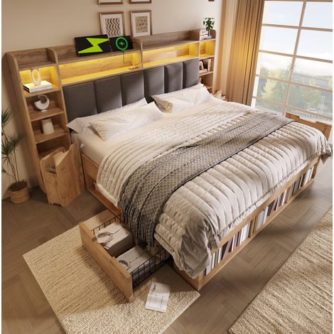 Lit double 180x200 cm bois et métal chêne avec rangement gain de place sans matelas – MEUBLIV (1/5)