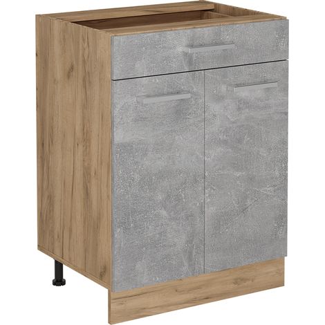 Mobiletto base per cucina R-Line, Calcestruzzo, 60 cm con cassetto, senza piano di lavoro, Vicco (1/4)