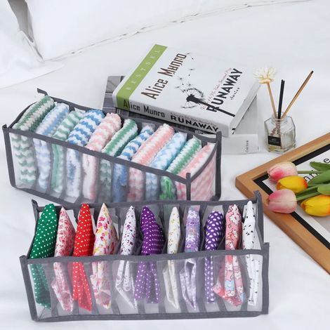 Lot de 2 boîtes de rangement pour chaussettes et culottes, compartimentées et à grille, pour la maison. (1/5)