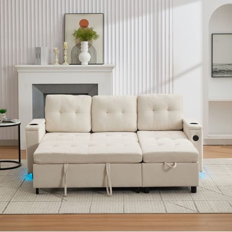 Divano letto angolare beige 208x146x89,5 cm in tessuto con contenitore – MEUBLIV (1/5)