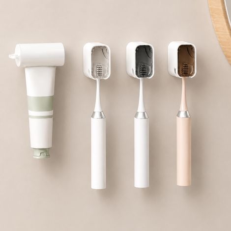 3 x Wall Mounted Toothbrush Holder, Electric Toothbrush Holder and 1 x Toothpaste Tube Press, Self-Adhesive Toothbrush Holder with Lid Suitable for Most Toothbrushes (1/5)