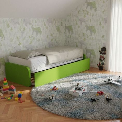 Letto singolo con letto estraibile, trasformabile in matrimoniale. Testate personalizzabili, reti in acciaio e doghe in faggio - Verde mela