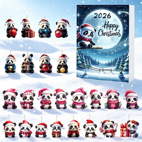 Calendrier de l'Avent Panda 2026, 24 décorations suspendues en acrylique 2D représentant d'adorables pandas de Noël, ornements festifs pour le sapin de Noël et la décoration intérieure. (1/5)