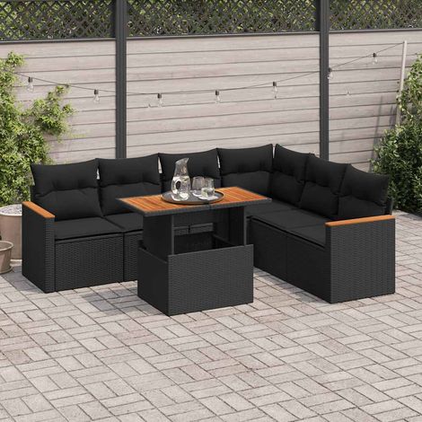 Set sofás jardín y cojines 7 pzas ratán sintético acacia negro vidaXL (1/5)