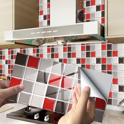 24 Pièces Rectangle Adhésive Décorative à Carreaux pour Salle de Bains et Cuisine Stickers Carrelage, Motif Marbre Mosaïque Imperméables Adhésive Décoration (Rouge Mosaïque,24Pièces) (1/5)