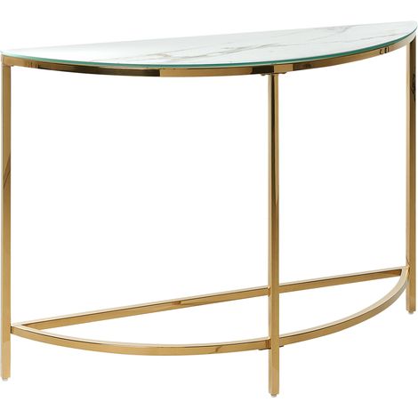 Consola de vidrio templado blanco dorado 111 x 36 cm acero inoxidable media luna glamour moderno sala de estar dormitorio Orita (1/5)
