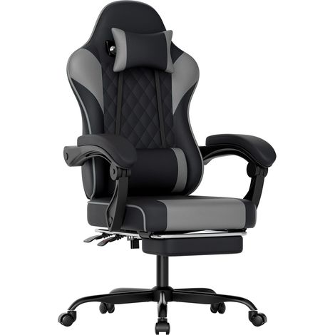 Chaise gaming noir gris, dossier ergonomique, coussin lombaire (1/5)