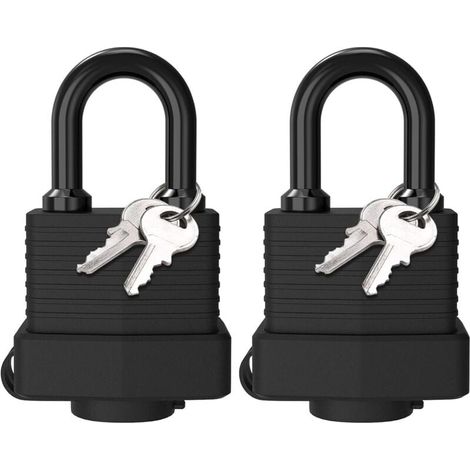 Deux cadenas en laiton étanches, cadenas en acier laminé résistant aux intempéries pour l'extérieur, quatre clés, adaptés aux casiers, salles de sport, garages, clôtures, noirs. (1/4)